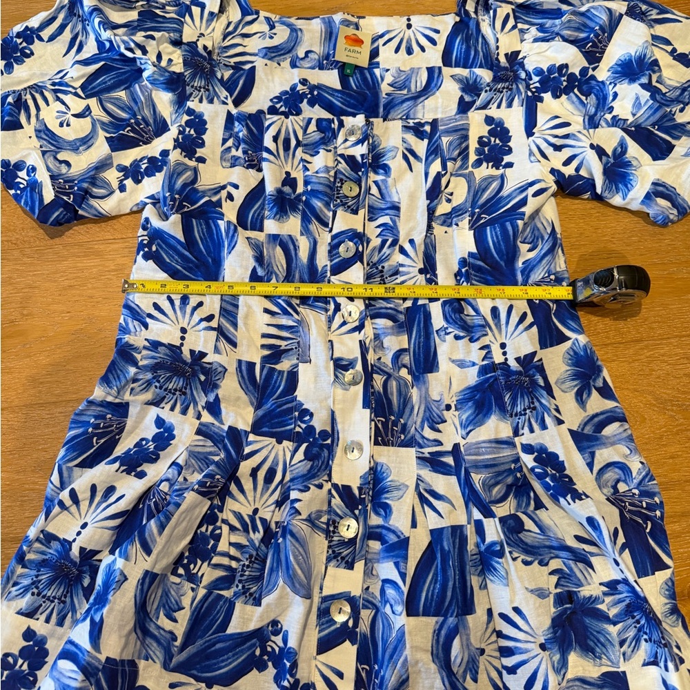 FARM Rio Blue and White Floral Button Front Puff Sleeve Dress - Picture 7 of 8